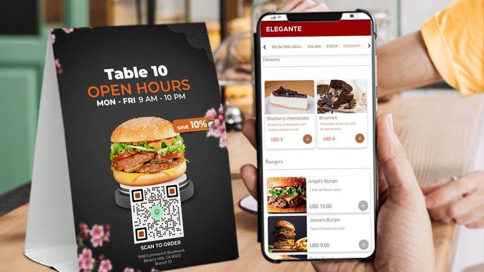 restaurant qr code on a table and menu showing in the phone display